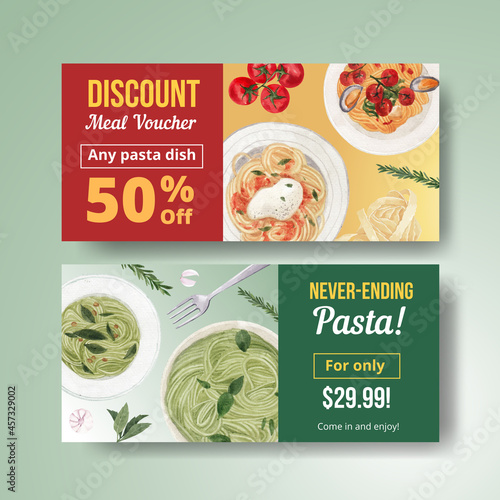 Voucher template with pasta cancept,watercolor style