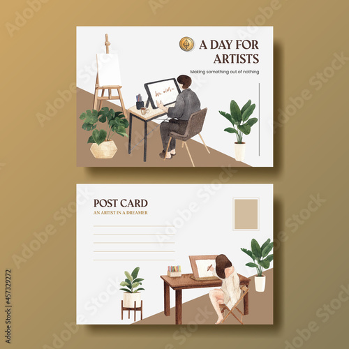 Postcard template with international artists day concept,watercolor style