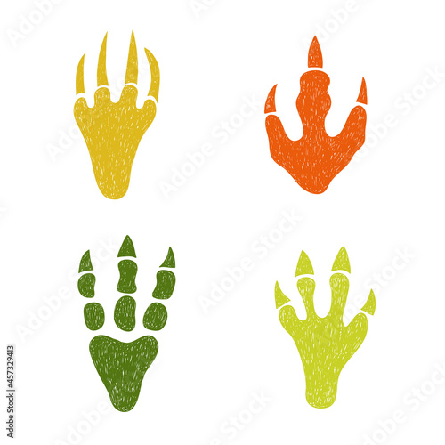 Dinosaur footprint set. Doodle colorful vector illustration of dinosaur paws with claws.