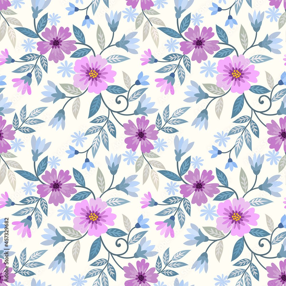 Beautiful purple flowers and green leaf seamless pattern. Beautiful purple flowers and green leaf seamless pattern.