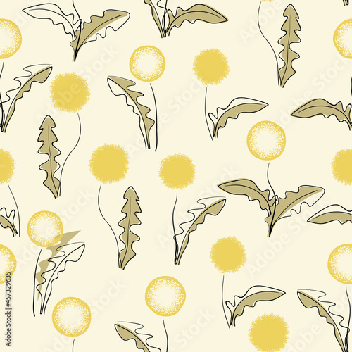 Abstract dandelion flower seamless pattern. Trendy one line vector floral illustration.