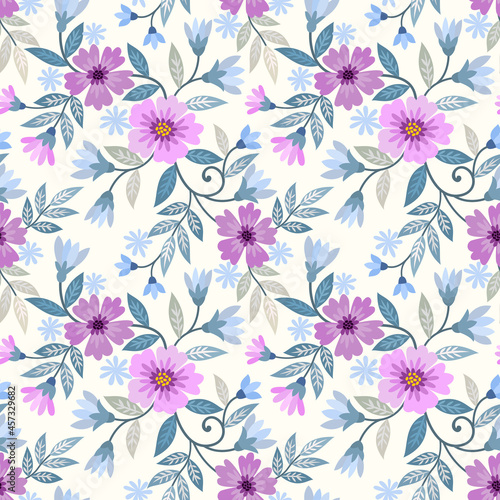 Beautiful purple flowers and green leaf seamless pattern.