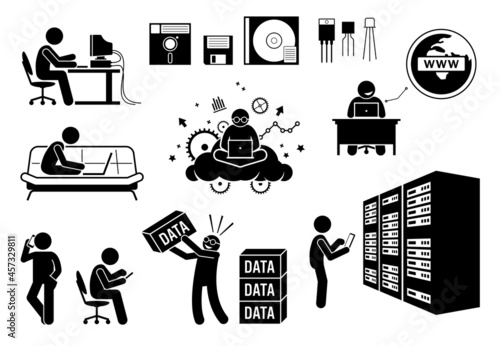 Modern History Information Age, Multimedia Age, and Social Age. Vector illustrations depict old diskette, transistor, people using computer, surfing Internet, data center server, and information data.