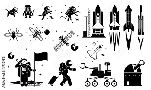 Modern History Space Age and Exploration. Vector illustrations depict human sending dog, monkey, and fruit fly to space. Human astronaut and rocket flying to space and landing at moon.