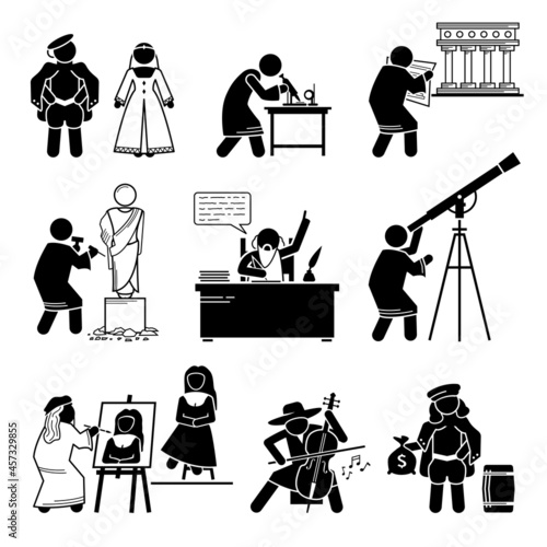 Late Middle Ages Renaissance People Human Civilization History. Vector illustrations depict the Renaissance period of the Late Middle Ages in the 15th and 16th century.