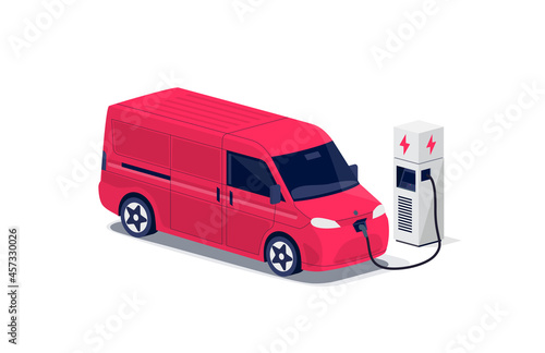 Red electric cargo van charging parking at the charger station with a plug in cable. Isolated flat vector of shipping truck lorry logistic freight car. Electrified transportation delivery e-motion.