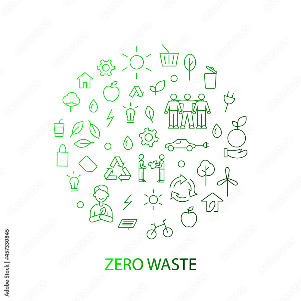 Zero waste gradient circle layout with line icons. Green Earth design. Isolated vector illustration Zero waste gradient circle layout with line icons. Green Earth design. Isolated vector illustration