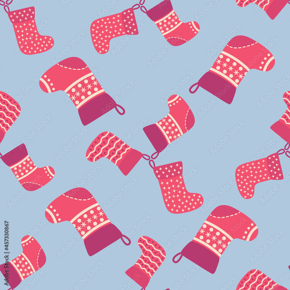 Christmas seamless pattern with red Christmas socks with snowflakes, specks Christmas seamless pattern with red Christmas socks with snowflakes, specks