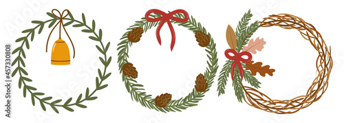Set of round spruce wreaths in hand drawn style. Christmas holiday traditional decoration. Vector illustration of winter round branches wreath