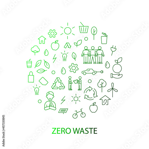 Zero waste gradient circle layout with line icons. Green Earth design. Isolated vector illustration