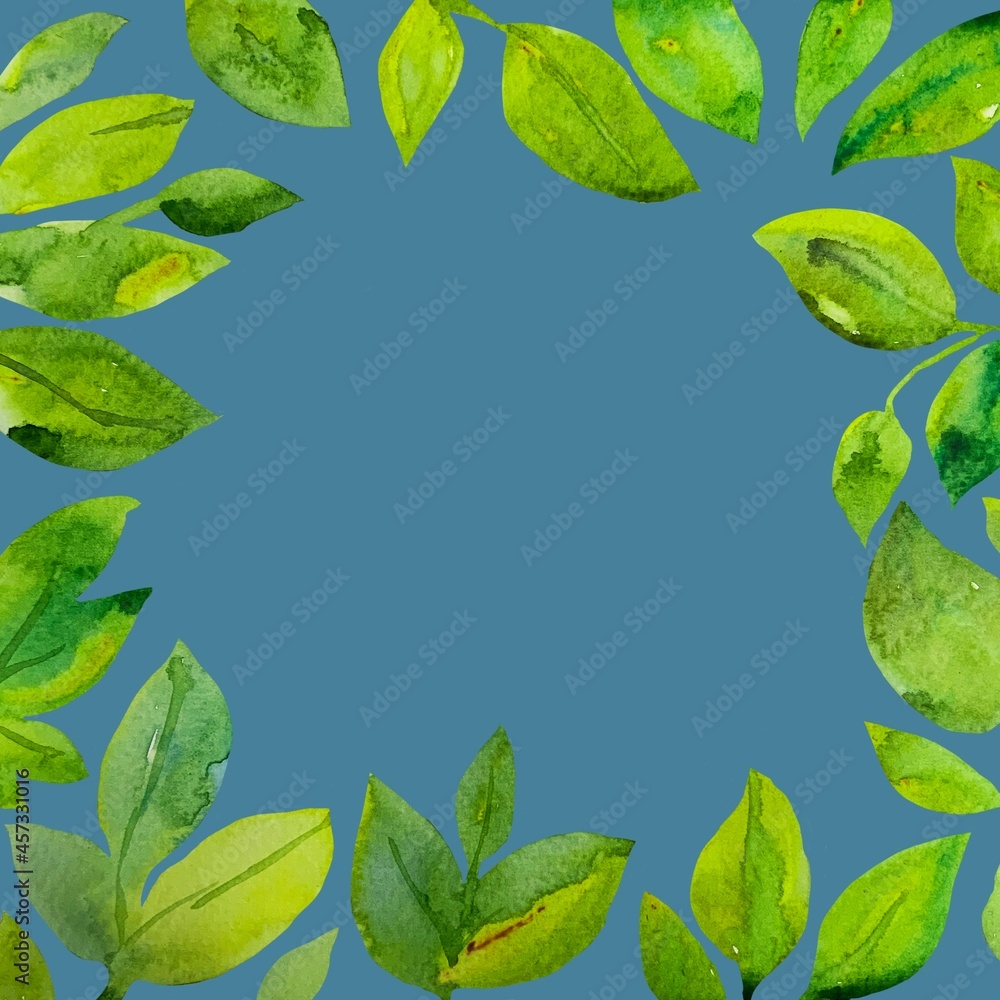 Fototapeta premium Sfondo banner quadrato azzurro con cornice di foglie verdi acquerello 