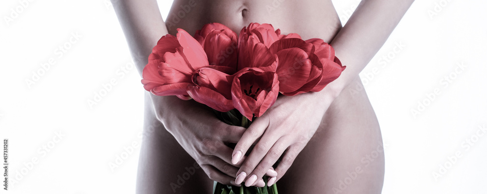 Gynecology and underwear, women health. Youth and freshness, purity, flowering. Gynecology, menstruation, concept of woman genital health - obrazy, fototapety, plakaty 