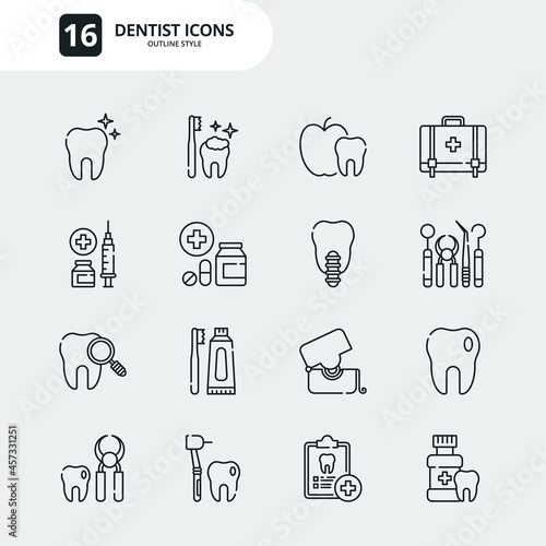 Fototapeta Naklejka Na Ścianę i Meble -  Dentist icon set outline style vector graphics