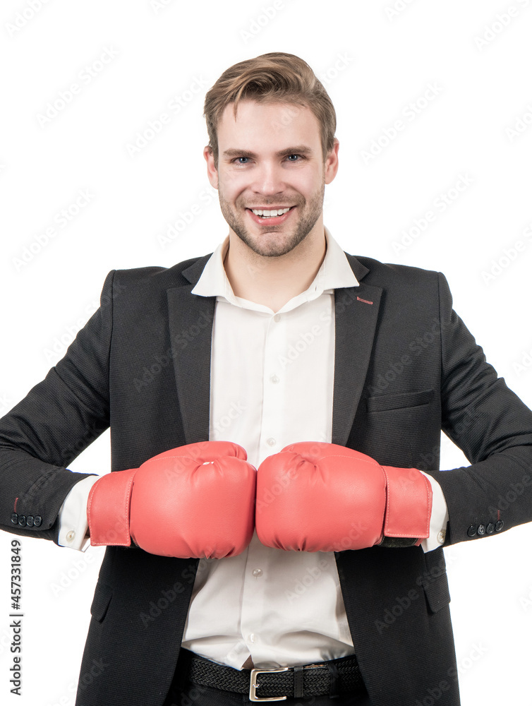 Happy businessman man hold boxing gloves together ready to fight isolated on white, fighting Happy businessman man hold boxing gloves together ready to fight isolated on white, fighting