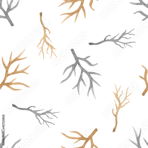 Brown and gray branches. Seamless pattern.The elements are hand-drawn in watercolor, isolated on a white background. For Christmas and New Year's design.