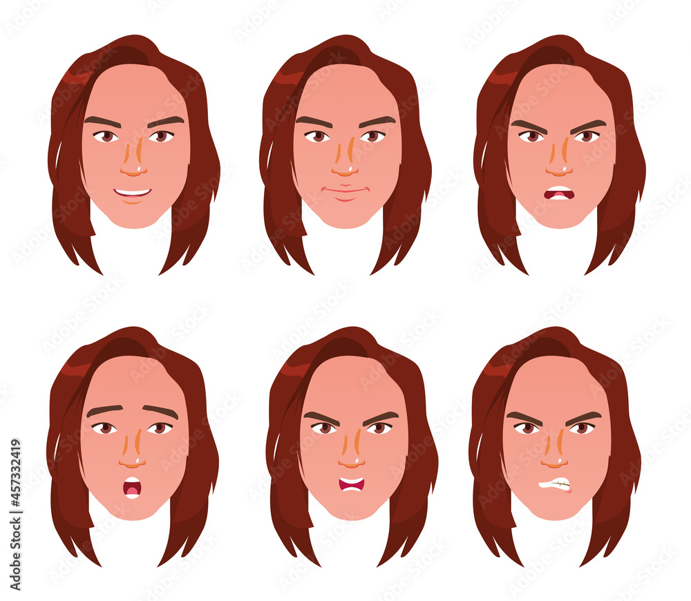 A woman's face with different expressions. Cheerful, serious, angry, surprised, irritated woman's face A woman's face with different expressions. Cheerful, serious, angry, surprised, irritated woman's face