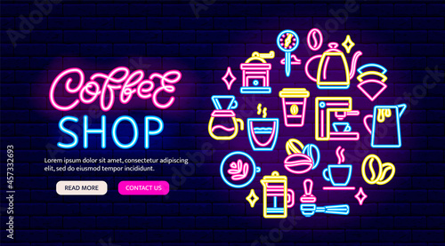 Coffee shop neon banner. Bright flyer. Circle barista professional devices icons. Vector stock illustration