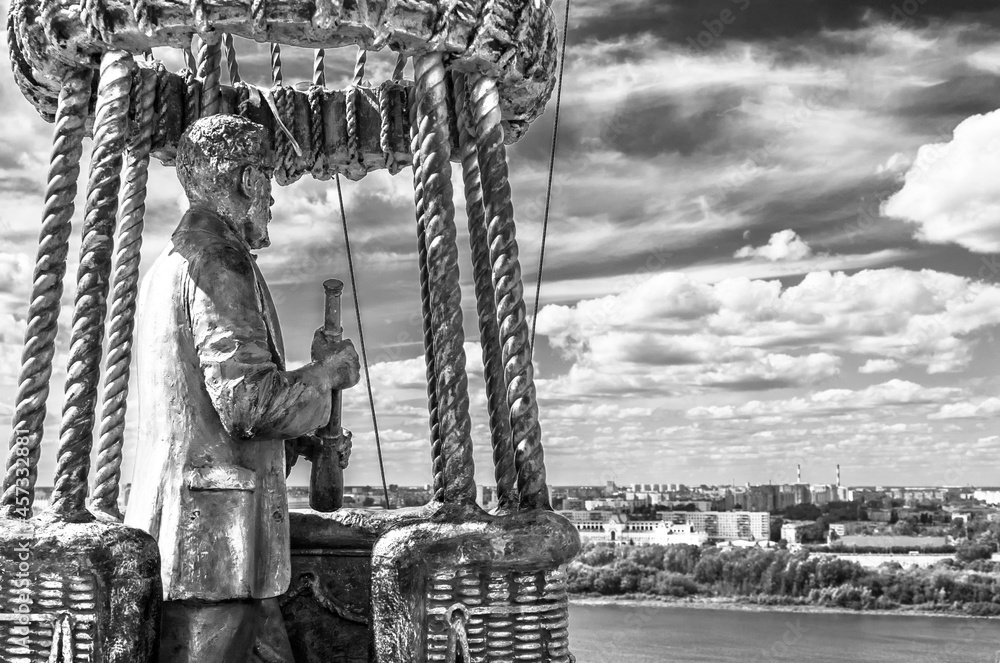 Monument to Jules Verne and the Balloon in Nizhny Novgorod, Russia on the bank of the Oka