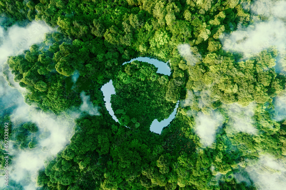 Fototapeta Abstract icon representing the ecological call to recycle and reuse in the form of a pond with a recycling symbol in the middle of a beautiful untouched jungle. 3d rendering.