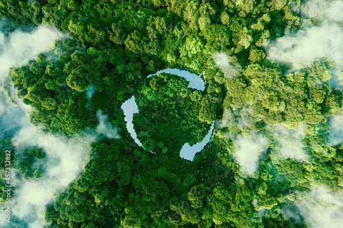 Fototapeta Abstract icon representing the ecological call to recycle and reuse in the form of a pond with a recycling symbol in the middle of a beautiful untouched jungle. 3d rendering.
