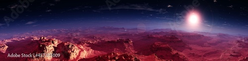 Alien landscape at sunrise, Mars at sunset, Mars panorama, 3D rendering