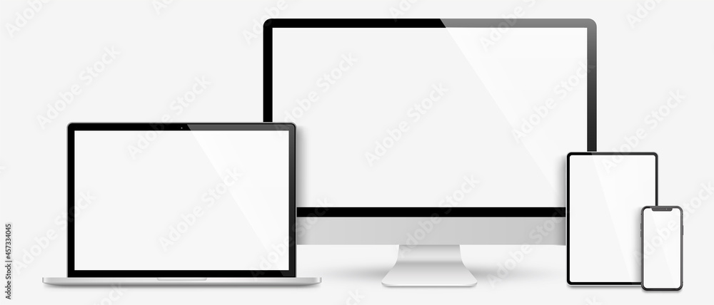 Realistic set computer, laptop, tablet and smartphone. Device screen mockup collection. Realistic mock up computer, laptop, tablet, phone with shadow- stock vector. - obrazy, fototapety, plakaty 