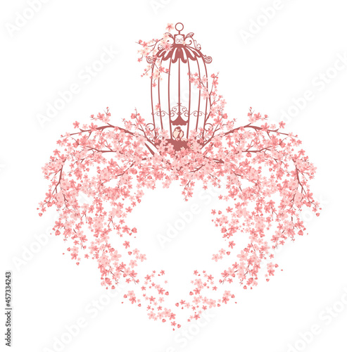 blooming spring sakura tree branches forming heart shape with open cage and sitting bird vector romantic decor design