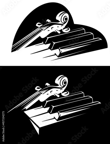violin neck and piano keys ensemble in heart shape outline - classical music black and white vector concept design