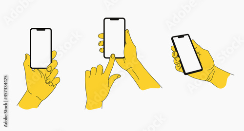 Three Hand Holding Phone/Smartphone Vector Drawing Illustration, Including Finger Touching Screen with Blank Phone screen. 