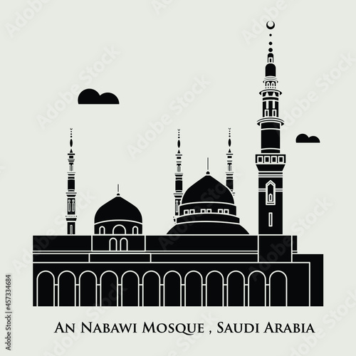 Silhouette flat icon vector illustration of a historic building mosque, Simple outline icon design cartoon landmark for praying vacation travel tourist attractions.  An Nabawi Mosque , Saudi Arabia