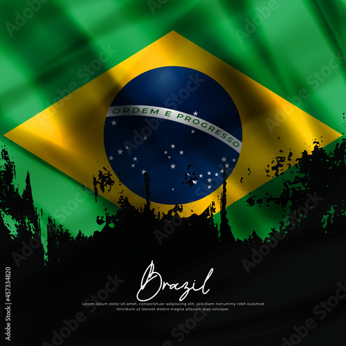 illustration of waving Brazil flag silk grunge background