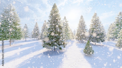 Christmas winter background snowflakes falling down on fir-trees 3d render © Annuitti