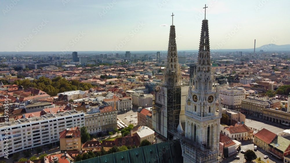 View of the houses in the historic center and the towers of the Zagreb Cathedral. Croatia. Europe