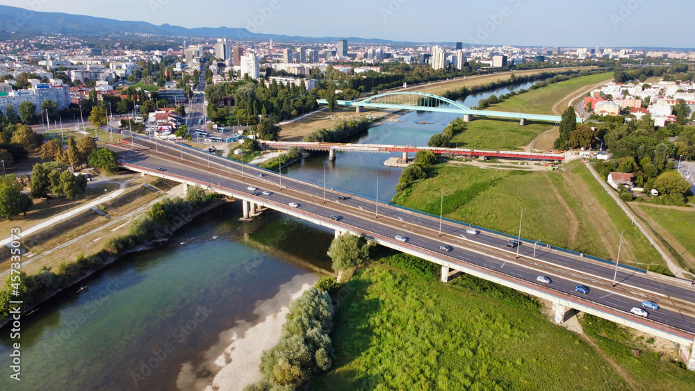 View of the bridges over the Sava river. Adriatic bridge (Jadranski most) then Savski most and The Hendrix Bridge. Zagreb. Сity panorama. Croatia. Europe