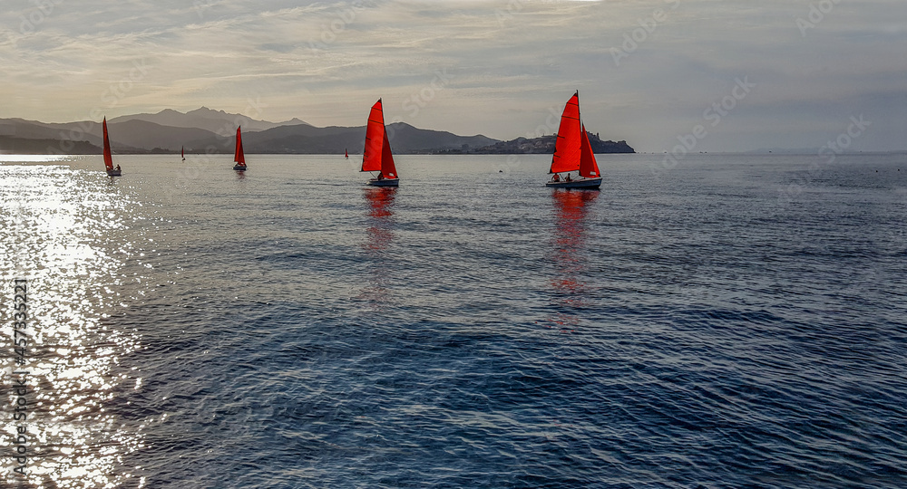 Sailboats with red sails on the sea