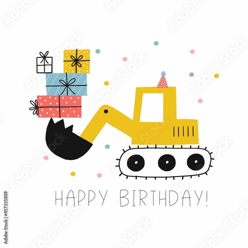 Cute cartoon car - Happy Birthday vector print. Cars, truck on birthday party with gifts, balls and cake