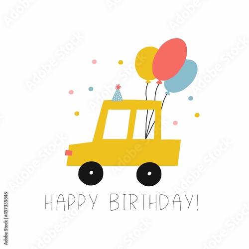 Cute cartoon car - Happy Birthday vector print. Cars, truck on birthday party with gifts, balls and cake