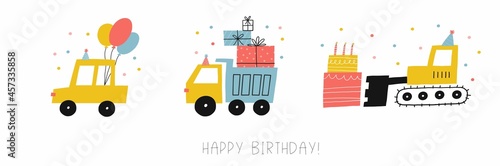 Cute cartoon car - Happy Birthday vector print. Cars, truck on birthday party with gifts, balls and cake