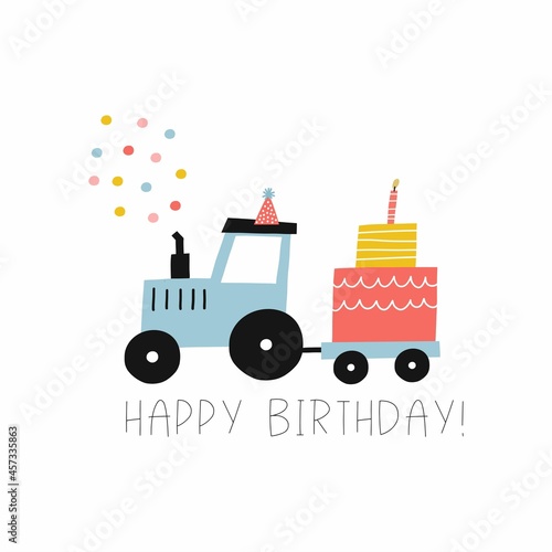 Cute cartoon car - Happy Birthday vector print. Cars, truck on birthday party with gifts, balls and cake