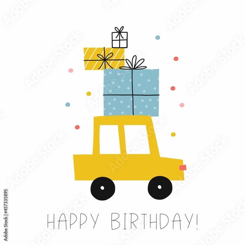 Cute cartoon car - Happy Birthday vector print. Cars, truck on birthday party with gifts, balls and cake