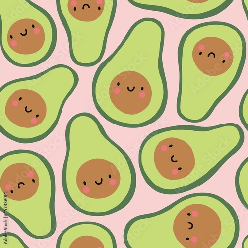 Cute cartoon avocado - vector illustration. Seamless pattern with cute avocado