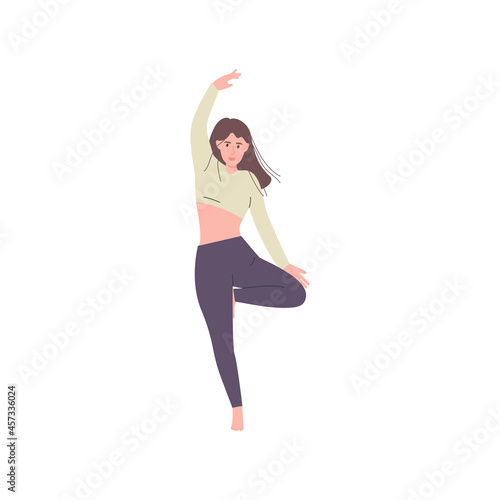 Female in yoga poses. Yoga balancing gestures. Young lady strength after workout, exercise. Woman standing isolated on white background. Vector illustration.