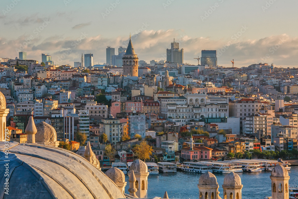 View from Suleymaniye Mosque to Galata district and Galata Tower