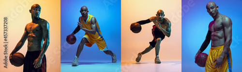 Collage of sportive african male basketball player in motion and action isolated ove colored neon background. Concept of professional sport photo