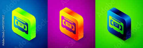 Isometric VHS video cassette tape icon isolated on blue, purple and green background. Square button. Vector