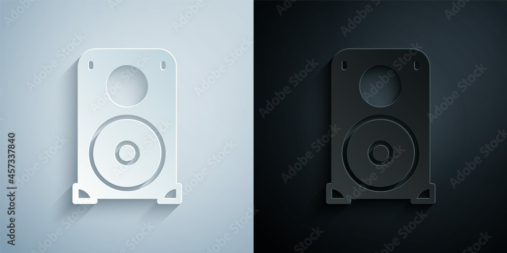 Fototapeta premium Paper cut Stereo speaker icon isolated on grey and black background. Sound system speakers. Music icon. Musical column speaker bass equipment. Paper art style. Vector