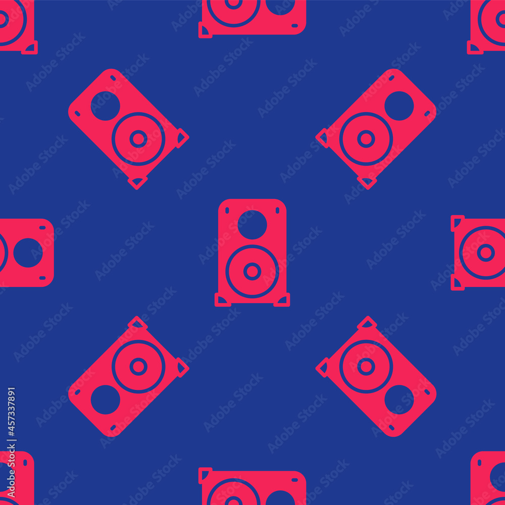 Red Stereo speaker icon isolated seamless pattern on blue background. Sound system speakers. Music icon. Musical column speaker bass equipment. Vector Red Stereo speaker icon isolated seamless pattern on blue background. Sound system speakers. Music icon. Musical column speaker bass equipment. Vector