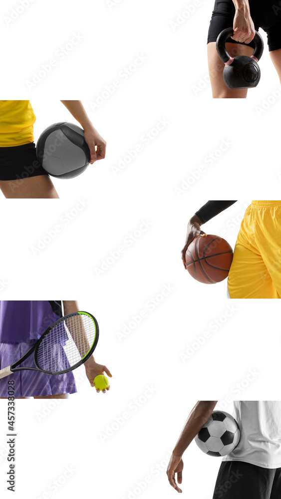 Composite image made of cropped images of differents sportsmen hands with balls. Volleyball, basketball, football and tennis