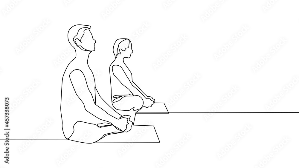 Yoga, woman, man practices yoga while sitting in the lotus position. Continuous line drawing Yoga, woman, man practices yoga while sitting in the lotus position. Continuous line drawing