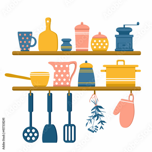 Kitchen shelves with jars of spices, pots, coffee grinder, mug, jug and bowls. Dried herbs, potholders and kitchen spatulas hang under the shelves. Vector illustration in flat style.